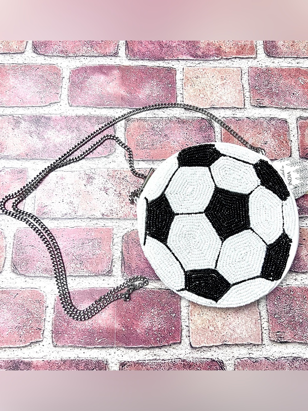 Soccer Ball Beaded Crossbody Bag - Black & White with silver tone chain